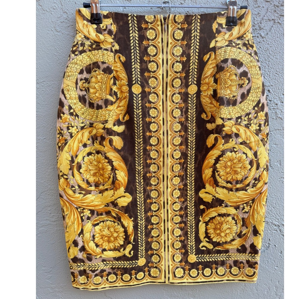 Vintage GIANNI VERSACE COUTURE Brown Gold Leopard Baroque Pencil Skirt SZ 4 COA